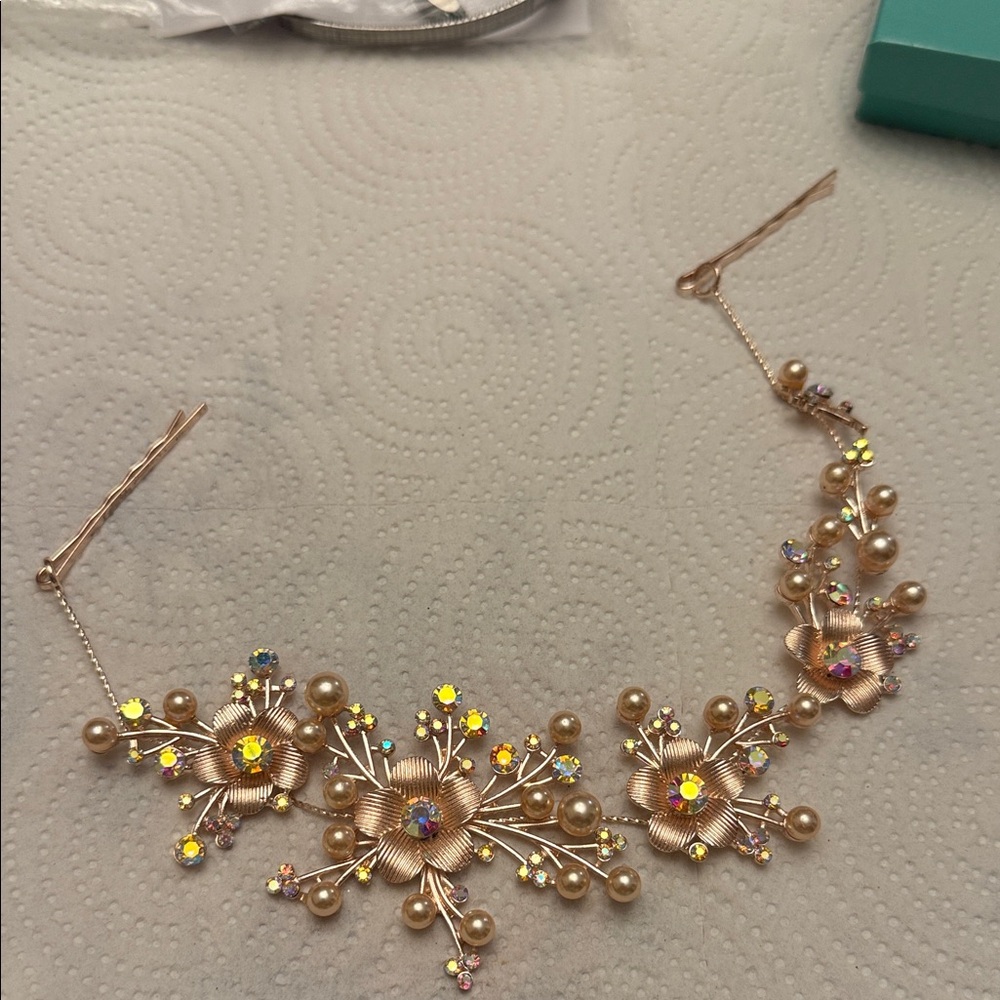 Gold Floral Hair Accessory with Pearl and Crystal Accents